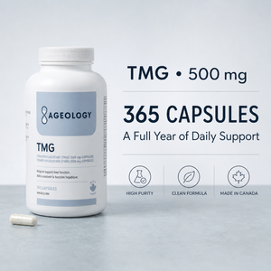 A white bottle of Ageology TMG 500 mg capsules with a single capsule lying beside it on a light gray surface. Large text reads 'TMG • 500 mg', '365 CAPSULES', and 'A Full Year of Daily Support', with small icons for high purity, clean formula, and made in Canada.