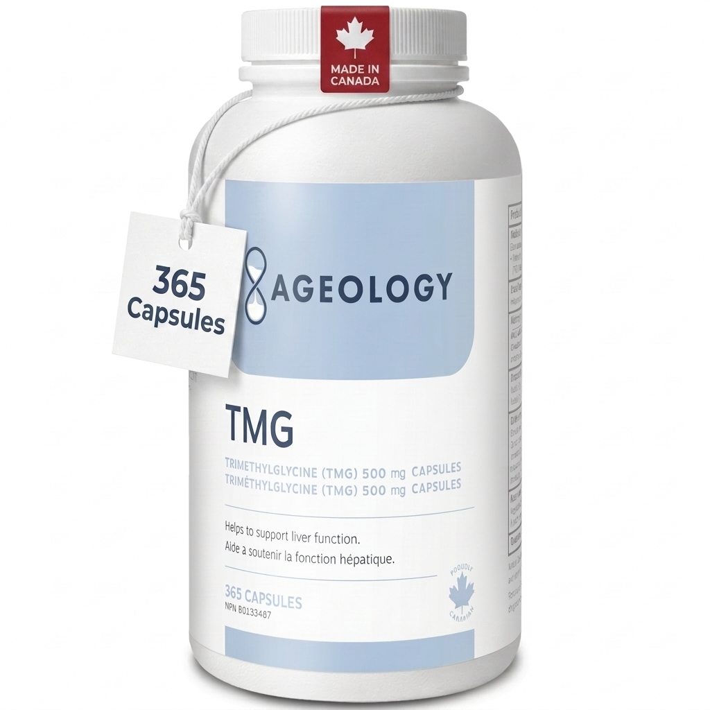 A white bottle of Ageology TMG dietary supplement with 365 capsules, featuring a light blue label, a white hanging tag, and a red 'Made in Canada' sticker on the cap.