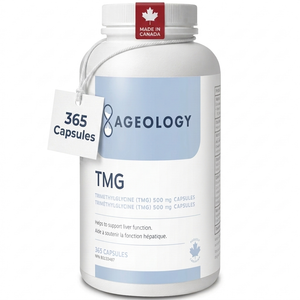 A white bottle of Ageology TMG dietary supplement with 365 capsules, featuring a light blue label, a white hanging tag, and a red 'Made in Canada' sticker on the cap.