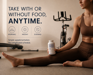 A woman sits on the floor in a gym setting, holding a white supplement bottle. Text on the left reads 'TAKE WITH OR WITHOUT FOOD, ANYTIME.